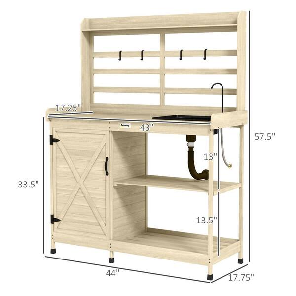 Outsunny - 17.7 in. W x 57.5 in. H Natural Outdoor Wooden Potting Bench Table, Garden Workstation with Storage Cabinet, Shelves