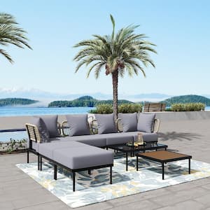 Black 8-Piece Metal Patio Conversation Set with Gray Cushions, Tempered Glass Coffee Table and Wooden Coffee Table