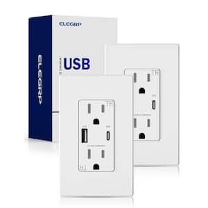 30-Watt Type A & Type C USB Duplex Wall Outlet for PD and QC, 15 Amp Receptacle, w/Wall  Plate (2-Pack, White)