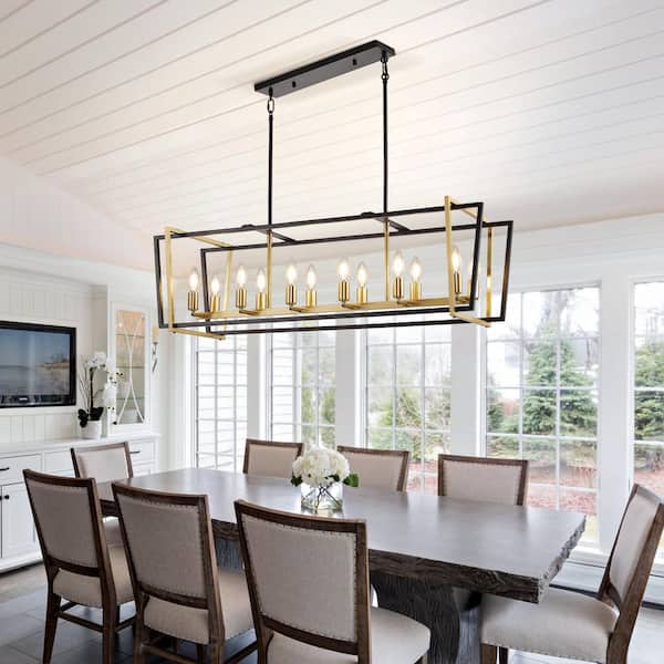 12-Light Black and Gold Rectangular Adjustable Pendant Light with E12 Bulb, No Bulbs Included