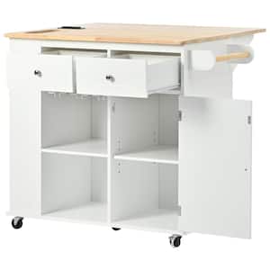 White Kitchen Cart with Power Outlet, Drop-Leaf Tabletop, Open Side Storage, Wine Glass Holder and 5-Wheels
