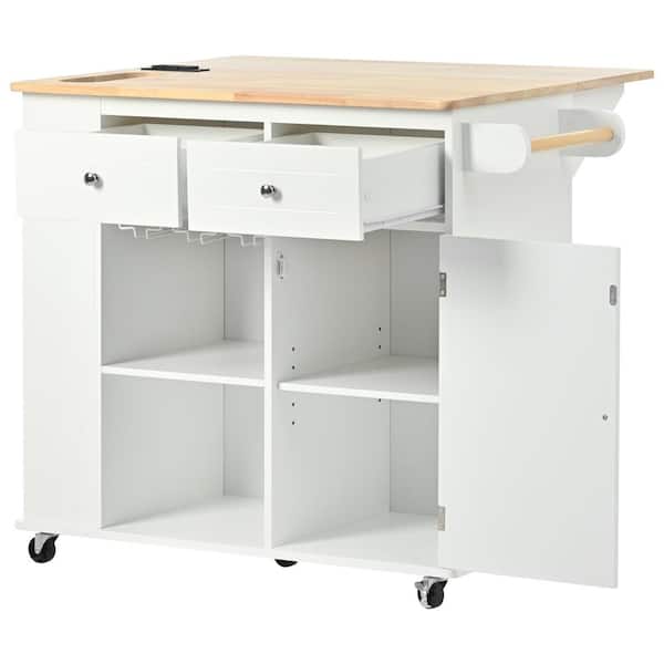 Harper & Bright Designs White Kitchen Cart with Power Outlet, Drop-Leaf Tabletop, Open Side Storage, Wine Glass Holder and 5-Wheels