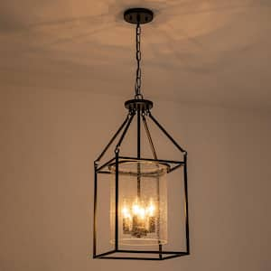 4-Light Black Lantern Chandelier with Seedy Glass Shade for Kitchen Island