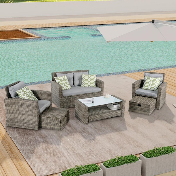 Boosicavelly 6-Piece PE Rattan Wicker Patio Conversation Set with Dark Grey Cushions
