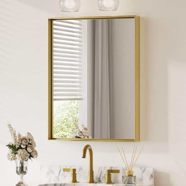 24 in. W x 32 in. H Framed Brushed Gold Mirrors for Bathroom Wall Square Corner Bathroom Vanity Mirror Over Sink
