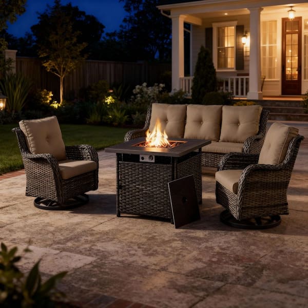4-Piece Gray Wicker Patio Conversation Set, Sofa, Outdoor Swivel Chairs and Fire Pit Table with Gray Cushions