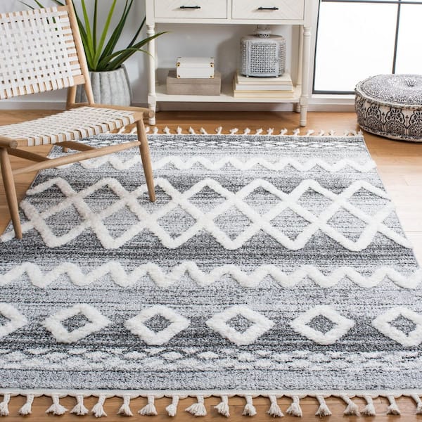 Moroccan Tassel Shag 9 ft. x 12 ft. Gray/Ivory High-Low Geometric Area Rug