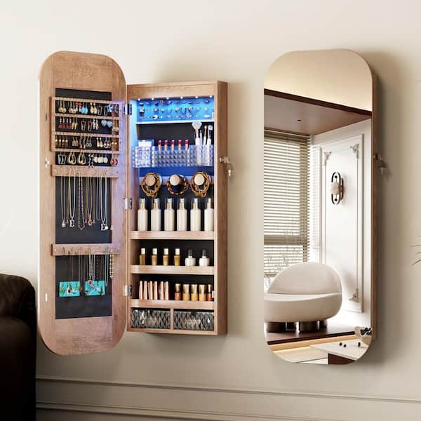 Round Brown Wooden Jewelry Cabinet Mirror with Storage, Freestanding Wall Mount Door Hang Full Length Organizer