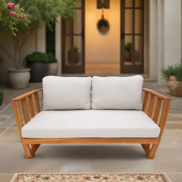 Helga Acacia Wood Patio Outdoor Loveseat Sofa with Gray Cushions