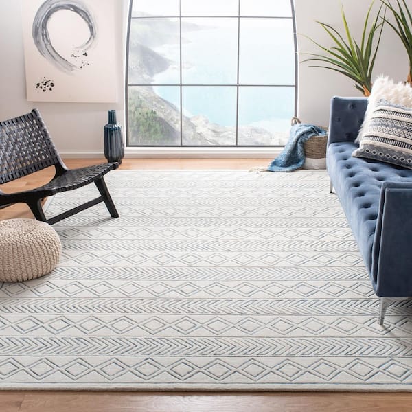 Glamour 9 ft. x 12 ft. Ivory/Blue Geometric Striped Area Rug