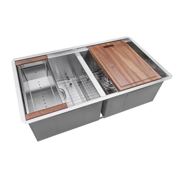 Ruvati 16-Gauge Stainless Steel 33 in. 50/50 Double Bowl Undermount Workstation Kitchen Sink with Accessories