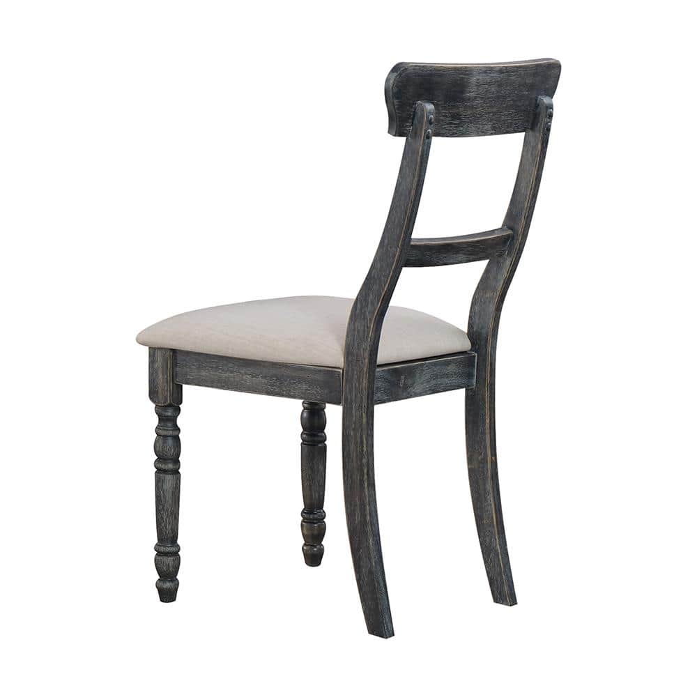 Weathered Gray Wood & Light Brown Linen Upholstered Side Chair Set