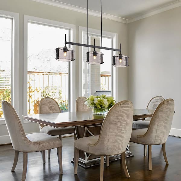 Modern Black 5-Light Linear Island Chandelier with Hammered Glass Shades for Dining Living Room, Kitchen