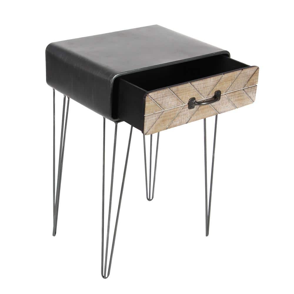 Black and Beige Metal Wood Accent Table with Drawer