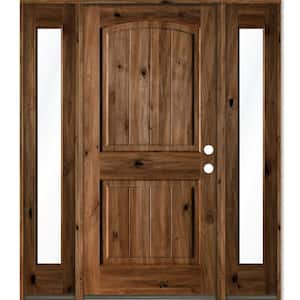 58 in. x 80 in. Rustic Alder Arch Provincial Stained Wood with V-Groove Left Hand Single Prehung Front Door