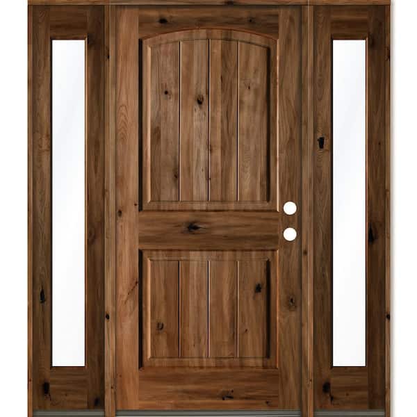 Krosswood Doors 64 in. x 80 in. Rustic Alder Arch Provincial Stained Wood with V-Groove Left Hand Single Prehung Front Door