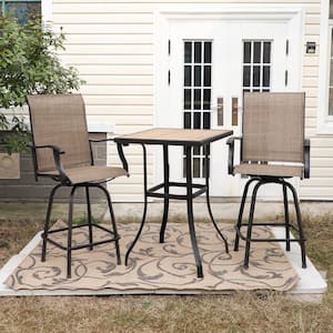 Black 3-Piece Metal Square Outdoor Patio Bar Set with Wood-Look Bar Table and Swivel Bistro Chairs