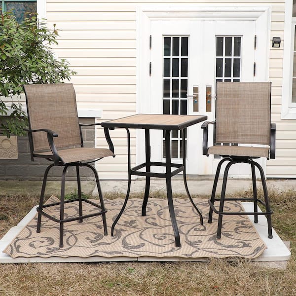 PHI VILLA Black 3-Piece Metal Square Outdoor Patio Bar Set with Wood-Look Bar Table and Swivel Bistro Chairs