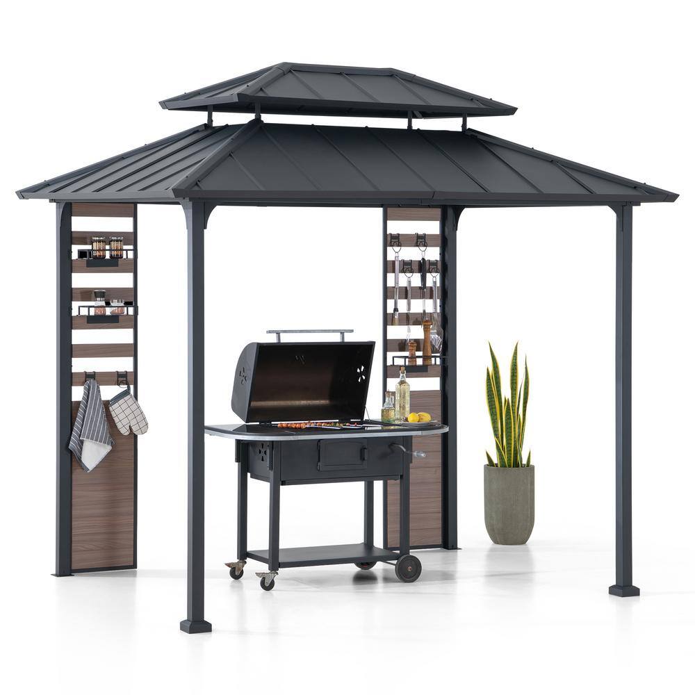 Matte Black 7 x 9 ft. 2-Tier Hardtop Grill Gazebo with Storage Shelves