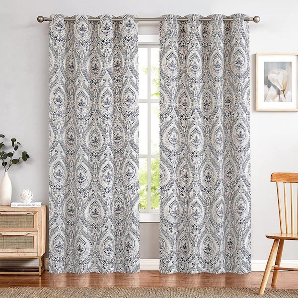 Blue Vintage Polyester Light Filtering Curtains - 50 in. W x 90 in