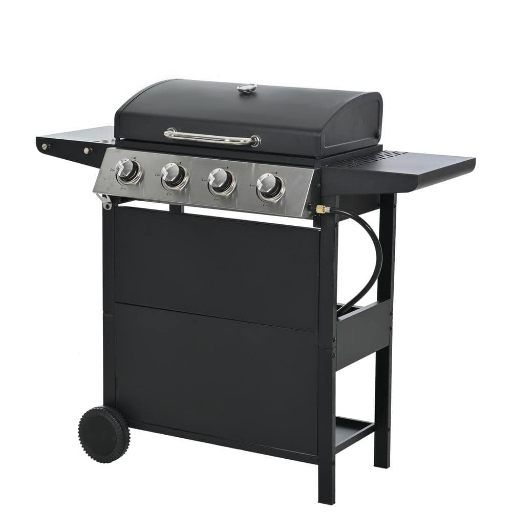 Black Stainless Steel 4-Burner Propane Gas Grill with Side Burner