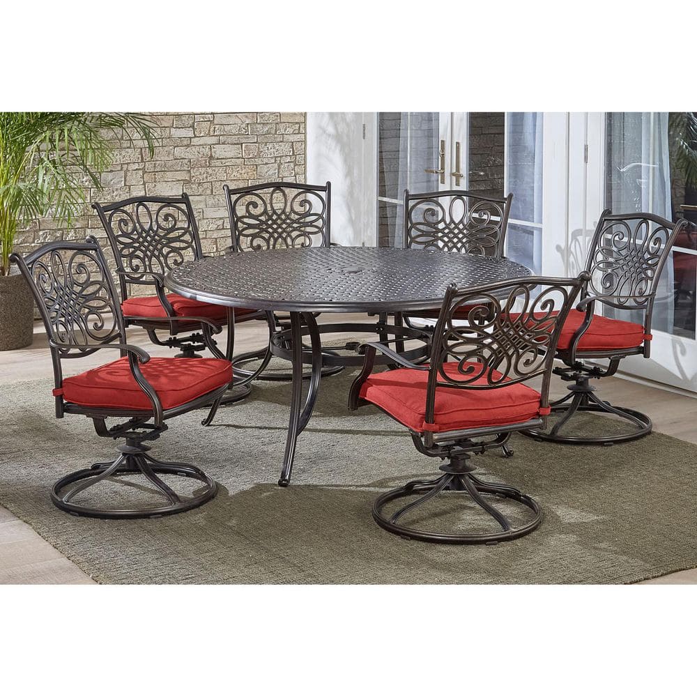 Classic Round Aluminum Outdoor Dining Set with Red Cushions