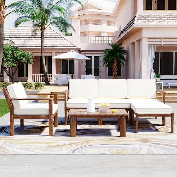 JimsMaison 4-Piece Wood Patio Conversation Set with Beige Cushions and Small Table
