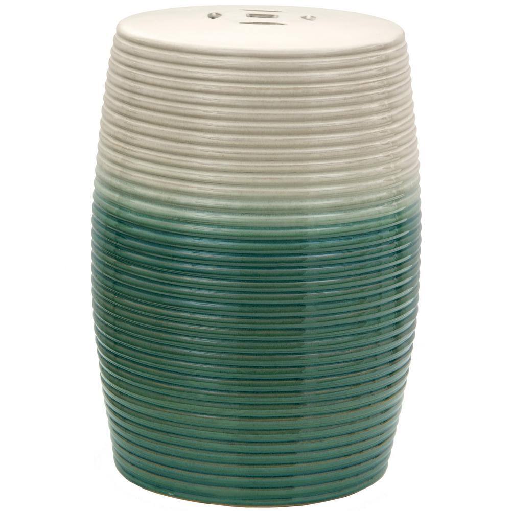 Handcrafted Beige and Green Ceramic Ribbed Accent Ottoman