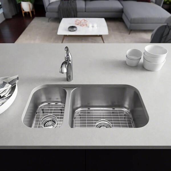 Rene Undermount Stainless Steel 32-1/4 in. Double Bowl Kitchen Sink Kit