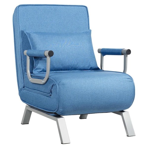 Gymax 23.5 in. W Square Arm Linen 5 Position Convertible Sofa Chair Straight Folding Sleeper Bed w/Pillow Blue