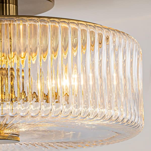 Kost 14 in. 3-Light Gold Modern Semi Flush Mount Ceiling Light with Ribbed Glass