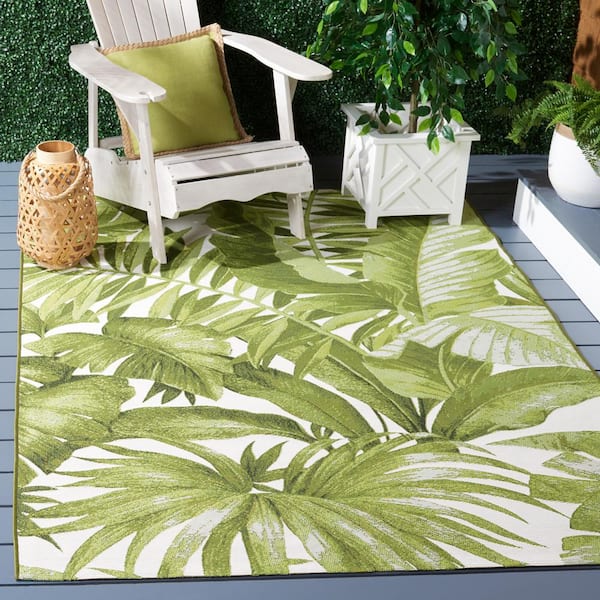 Barbados Ivory/Green 7 ft. x 7 ft. Square Multi-Leaf Tropical Indoor/Outdoor Area Rug