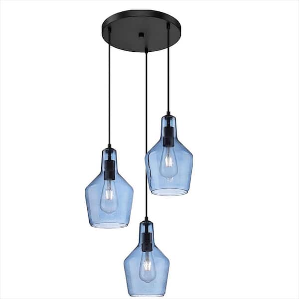 60-Watt 3-Light Blue Mini Pendant Light with Clear Seeded Glass Shade and No Bulbs Included