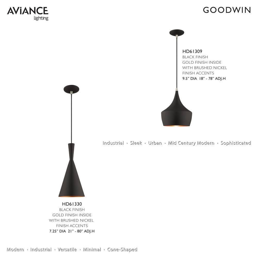 Contemporary Mini Pendant with Black Metal Shade and Gold Finish Inside