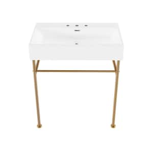 Claire Ceramic White Console Sink With 30 in. W and Brushed Gold Legs and 8 in. Widespread Faucet Holes