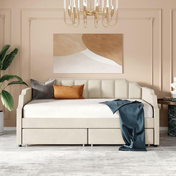 Angel Sar Angel Beige Twin Size Upholstered Daybed with Drawers