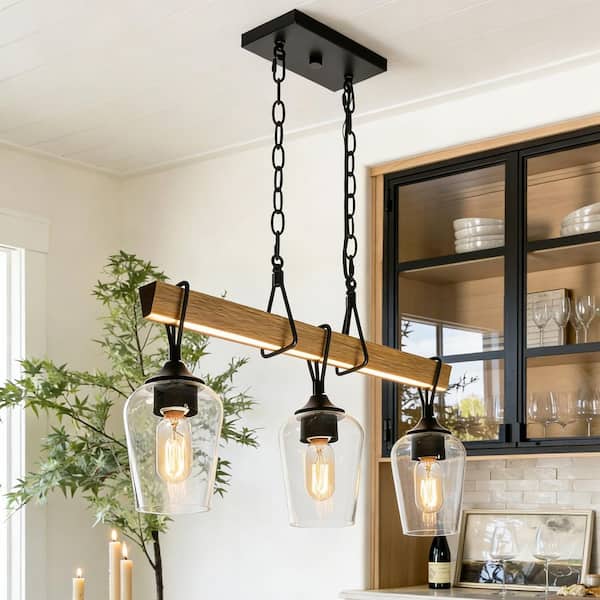 Transitional Black Dining Room Island Chandelier, 25 in. 3-Light Farmhouse Faux Wood Pendant Hanging light for Bedroom