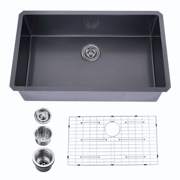 32 in. Undermount Single Bowl 18 Gauge Gunmetal Stainless Steel Kitchen Sink with Bottom Grids in Matte Black