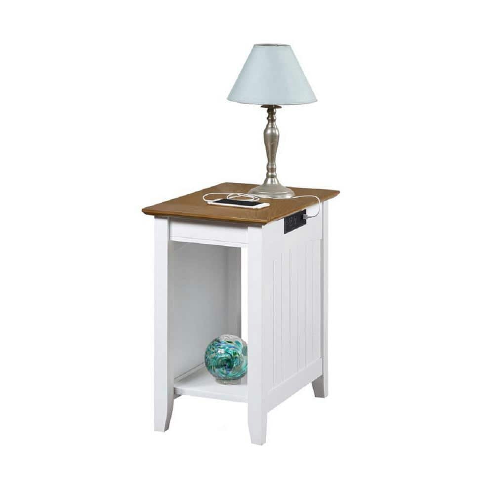 White Medium Wood Rectangular End Table with Charging Station