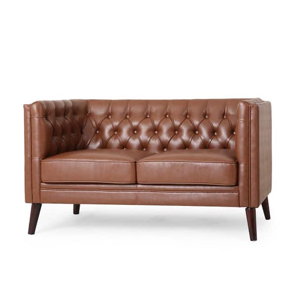 Noble House Riebe 53.50 in Cognac Brown Faux Leather Upholstered 2-Seat Loveseat