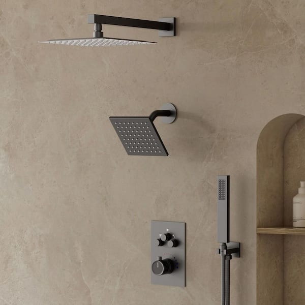 Thermostatic 7-Spray 12 in. and 6 in. Wall Mount Shower System with Hand Shower 2.5 GPM in Matte Black(Valve Included)