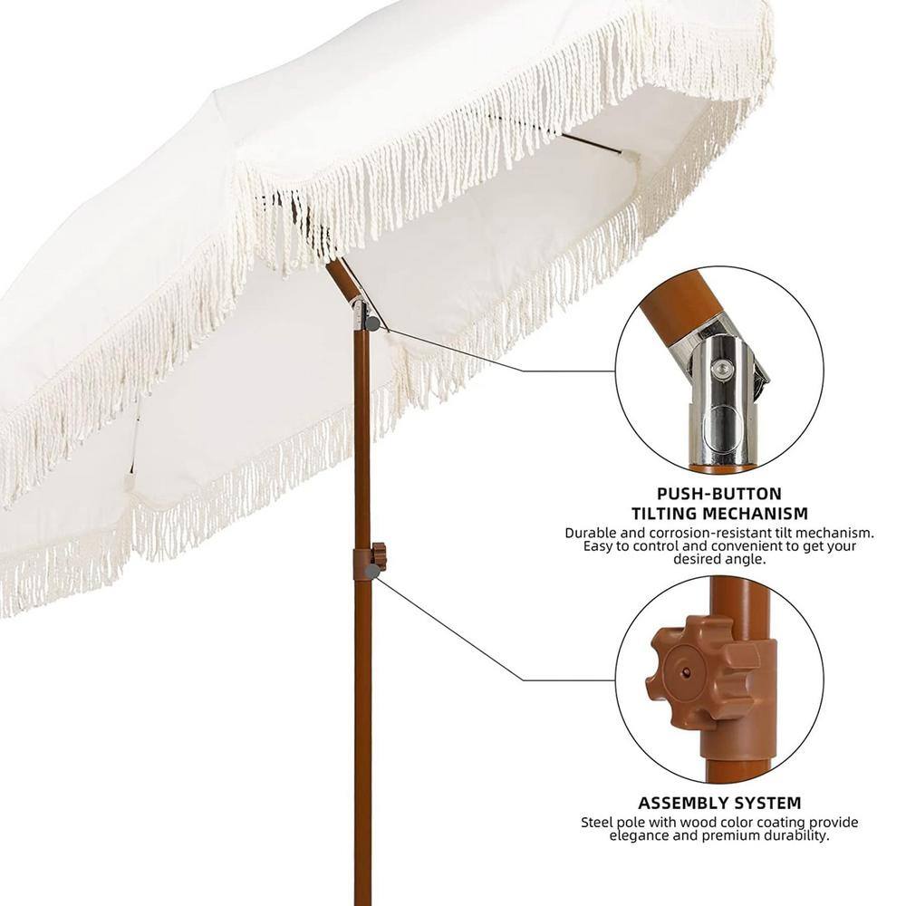 Elegant Cream 7ft Beach Umbrella with Tassel Fringe and Steel Pole
