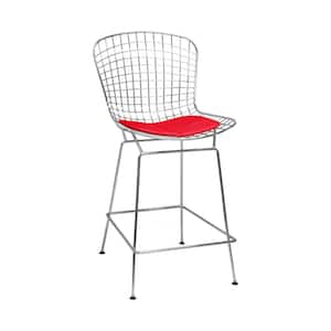 Mid Century Modern Chrome Wire Metal Bar Stool-Red