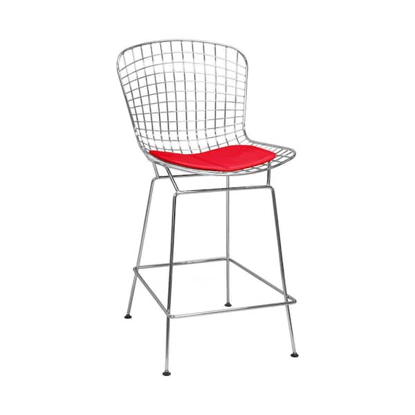 Mod Made Mid Century Modern Chrome Wire Metal Bar Stool-Red