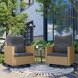 3-Piece Wicker Outdoor Rocking Chair Patio Swivel Chair and Side Table with Gray Cushions
