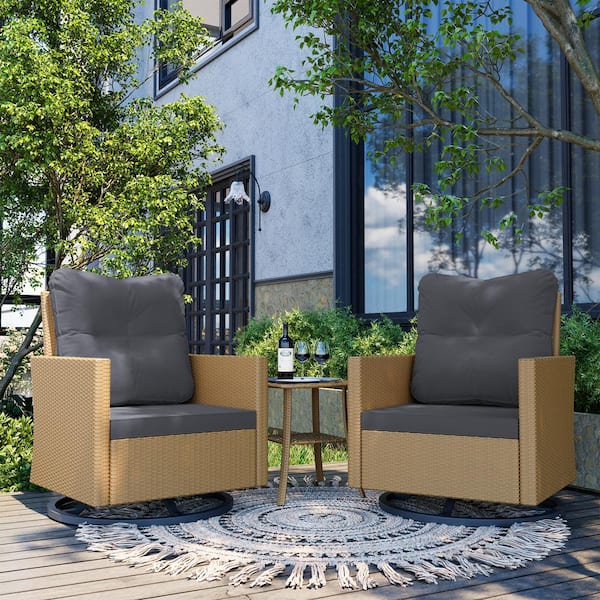 UPHA 3-Piece Wicker Outdoor Rocking Chair Patio Swivel Chair and Side Table with Gray Cushions