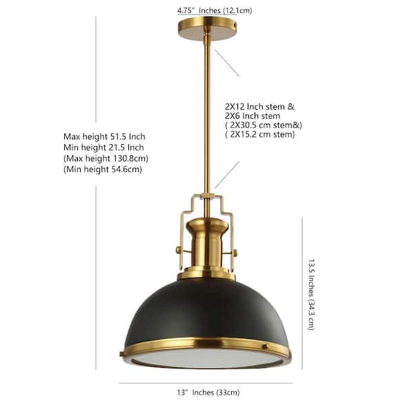 Homer 13 in. Black Brass Gold Adjustable Iron Glass Vintage Classic LED  Kitchen Pendant