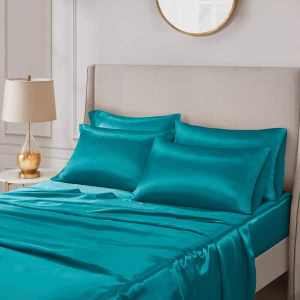 Madison Park Satin 6-Piece Teal Solid Polyester Full Luxury Sheet Set