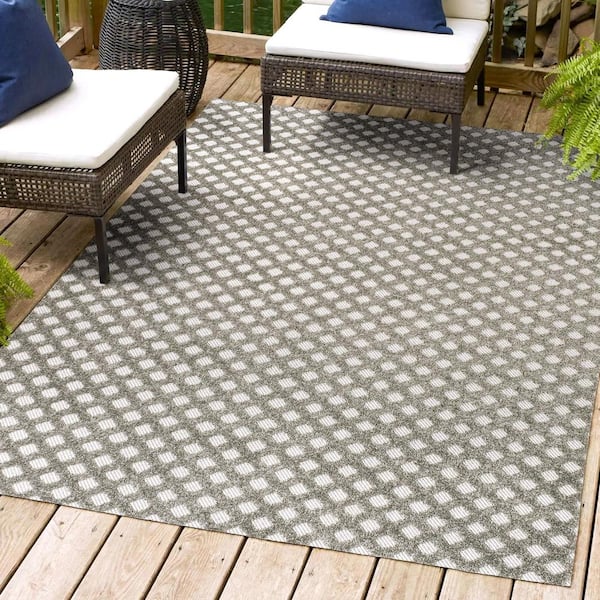 JONATHAN Y Rabat High-Low Pile Mini-Diamond Trellis Dark Gray/Ivory 8 ft. x 10 ft. Indoor/Outdoor Area Rug