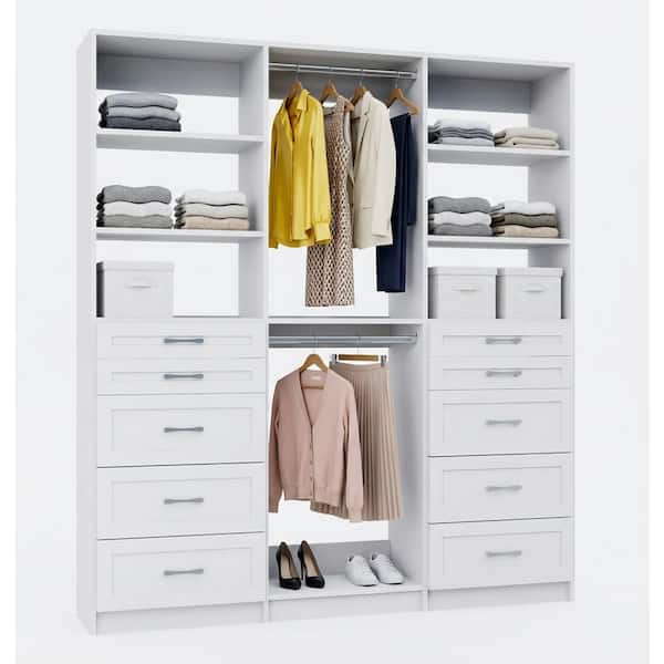 Alto Collection 99 in. W White Tower System Shaker 2 5-Drawer and Double Hang 13-Shelf Wood Closet System